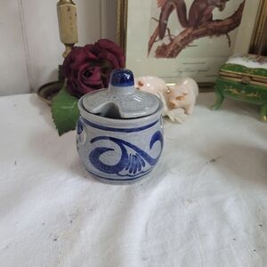 Vintage Blue Salt Glaze Ceramic Sugar Bowl